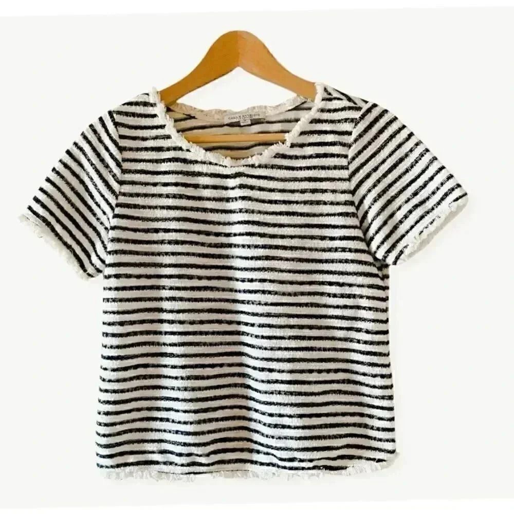 Green Envelope Striped Cropped Fringe  Edge Top Shirt SZ S